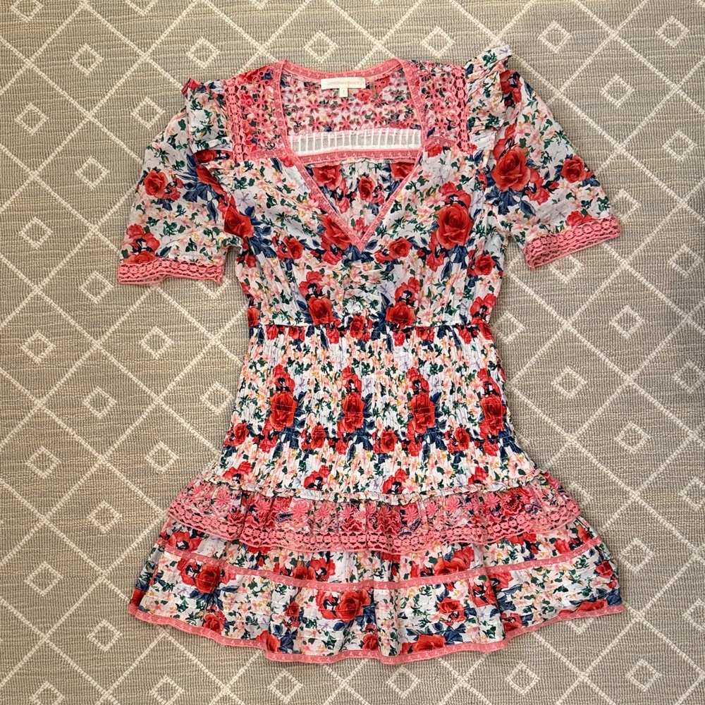 LoveShackFancy Floral Mini Dress in Red and Pink. Worn once